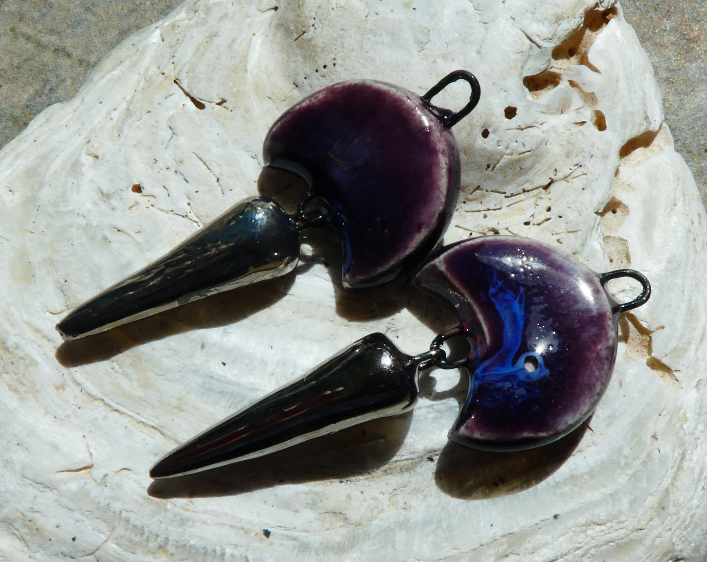 Ceramic Crescent Moon and Spike Dangles -Royal Fantasy