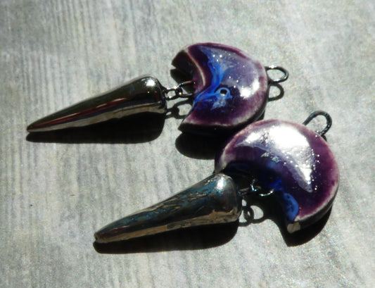 Ceramic Crescent Moon and Spike Dangles -Royal Fantasy