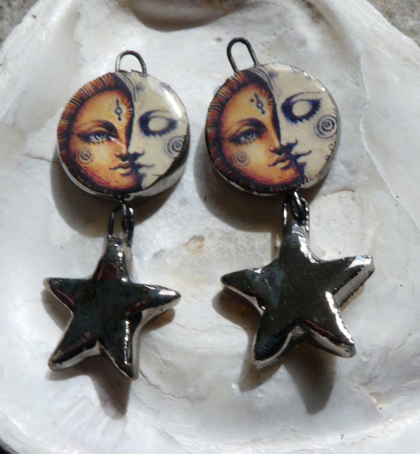 Ceramic Vintage Sun and Moon Decal and Star Earring Dangles #1