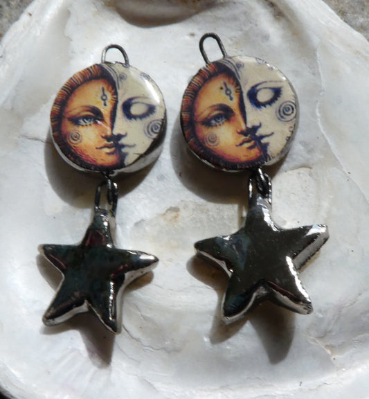 Ceramic Vintage Sun and Moon Decal and Star Earring Dangles #1