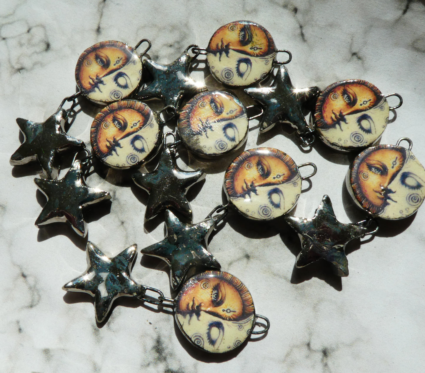 Ceramic Vintage Sun and Moon Decal and Star Earring Dangles #1