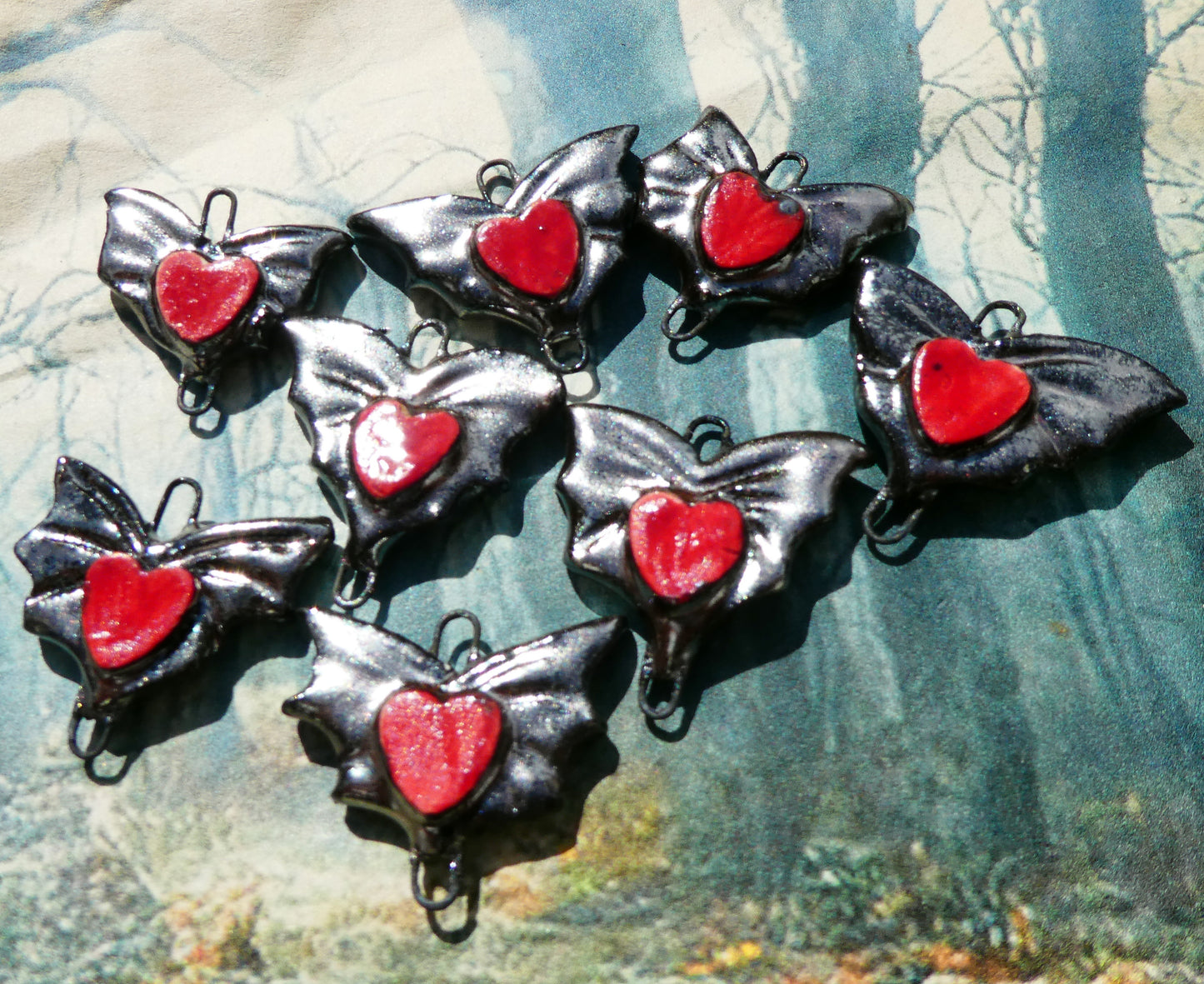 Ceramic Bat Wing and Heart Earring Connectors -Gloria