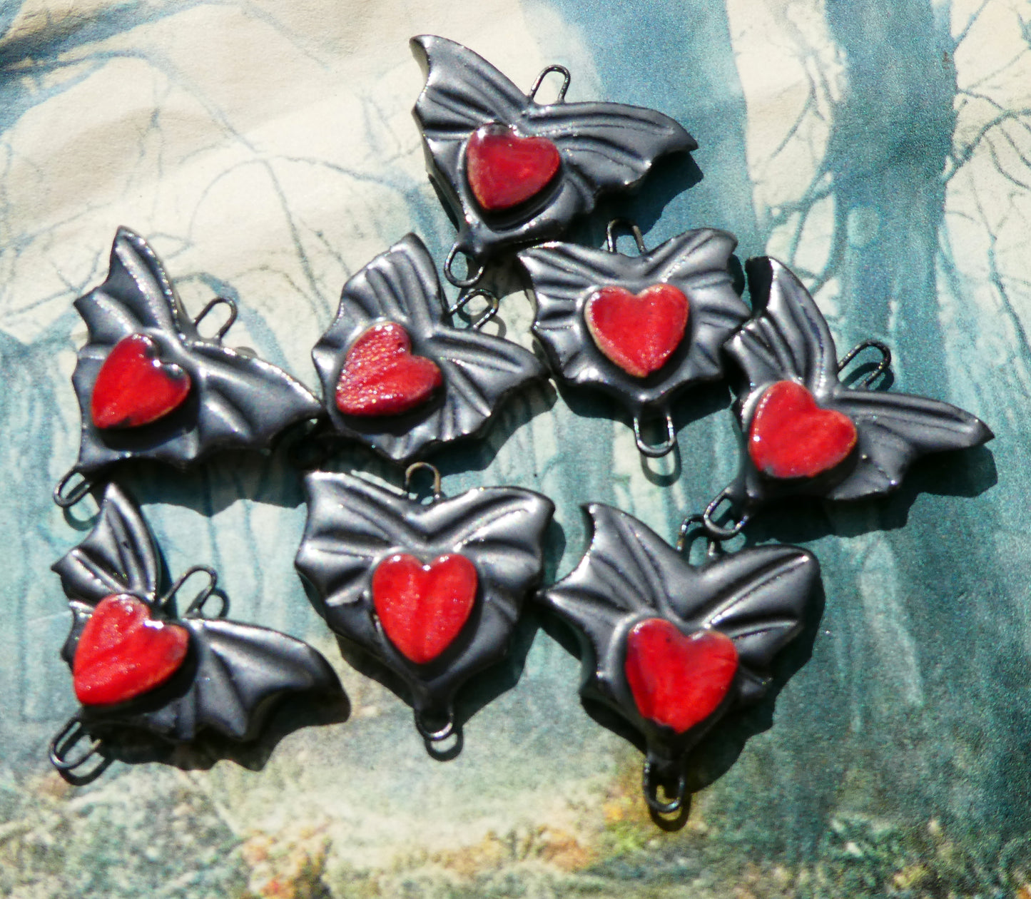 Ceramic Bat Wing and Heart Earring Connectors -Pewter