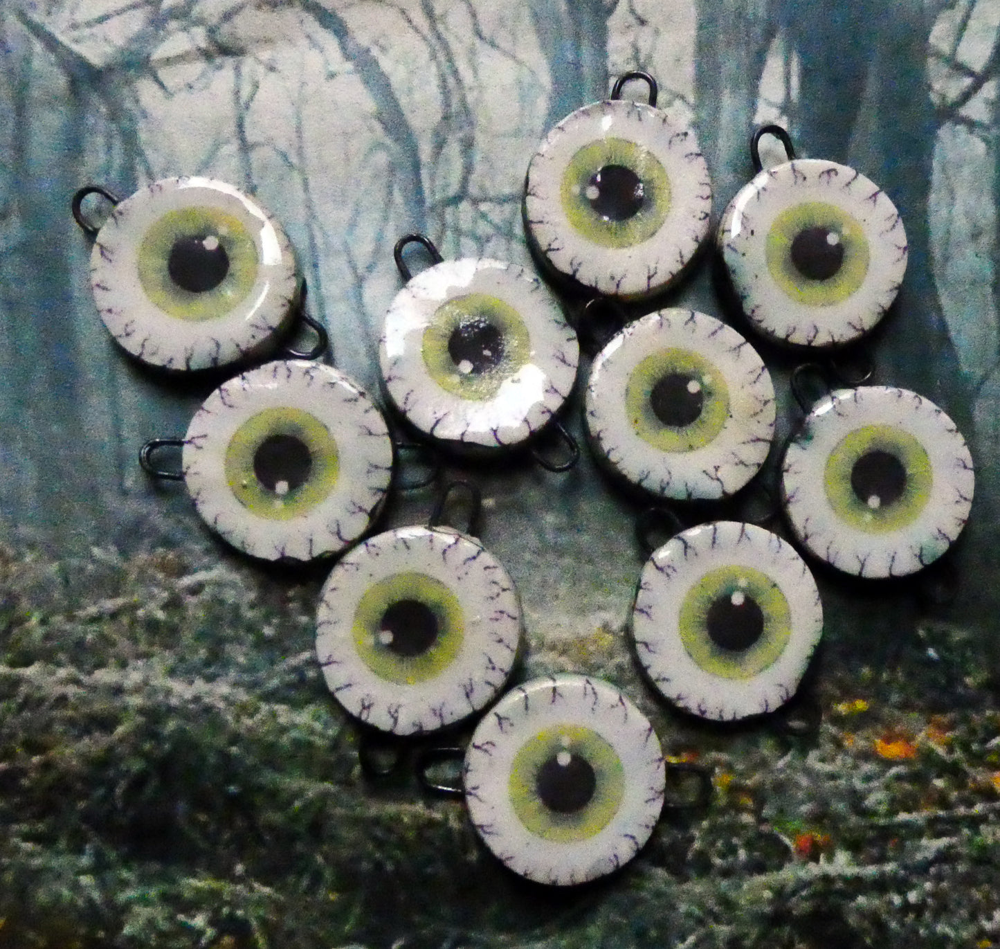 Ceramic Green Eye Decal Disc Earring Connectors