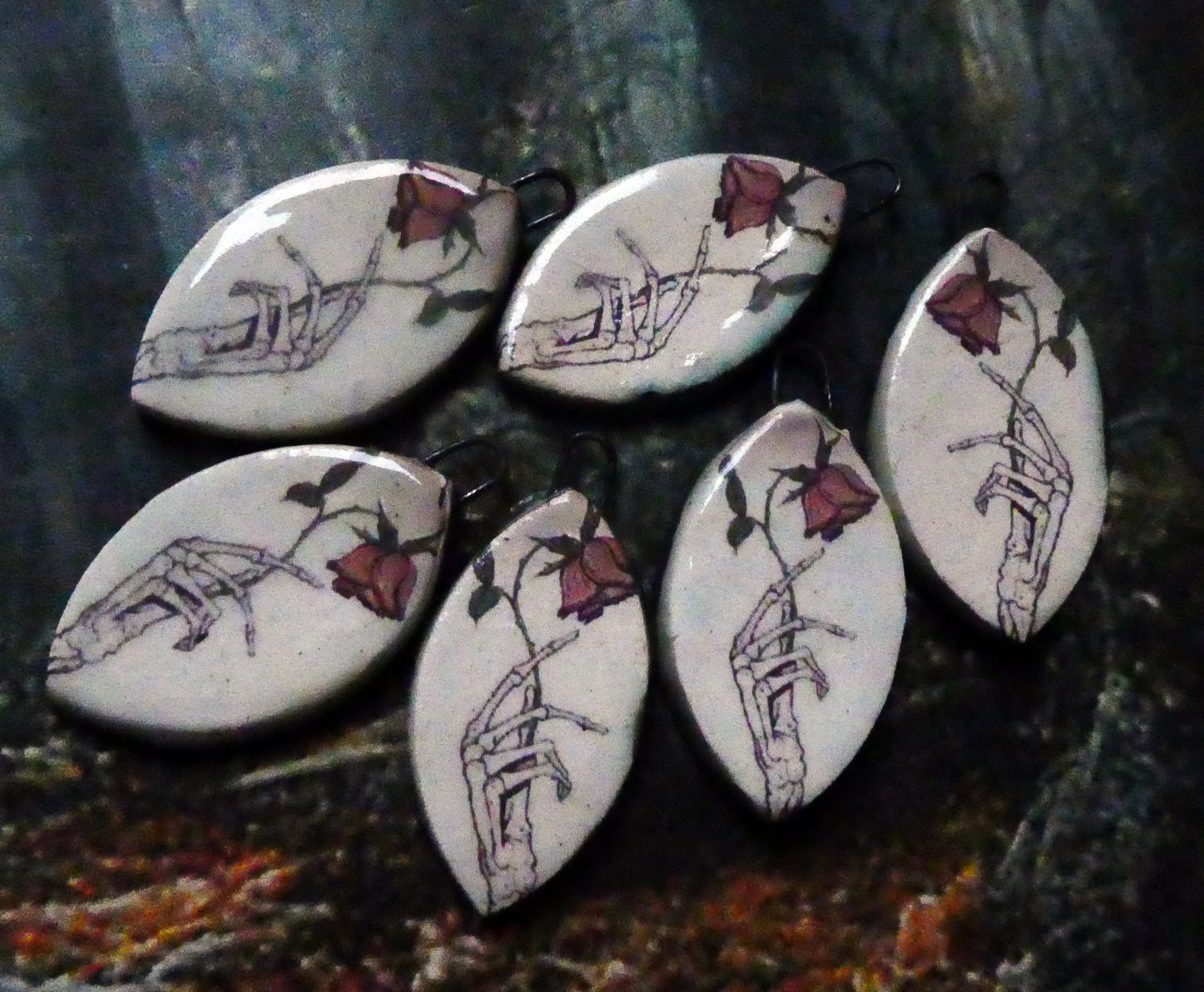 Ceramic Skeleton Hand and Rose Decal Earring Charms #1