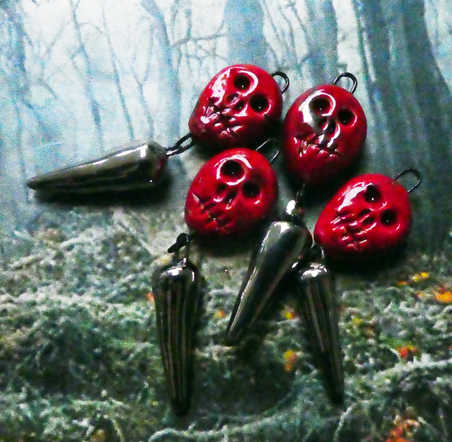 Ceramic Skull and Spike Dangles - Red