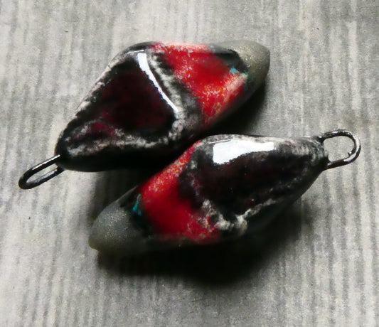 Ceramic Pointy Earring Charms - Black Cascade and Red