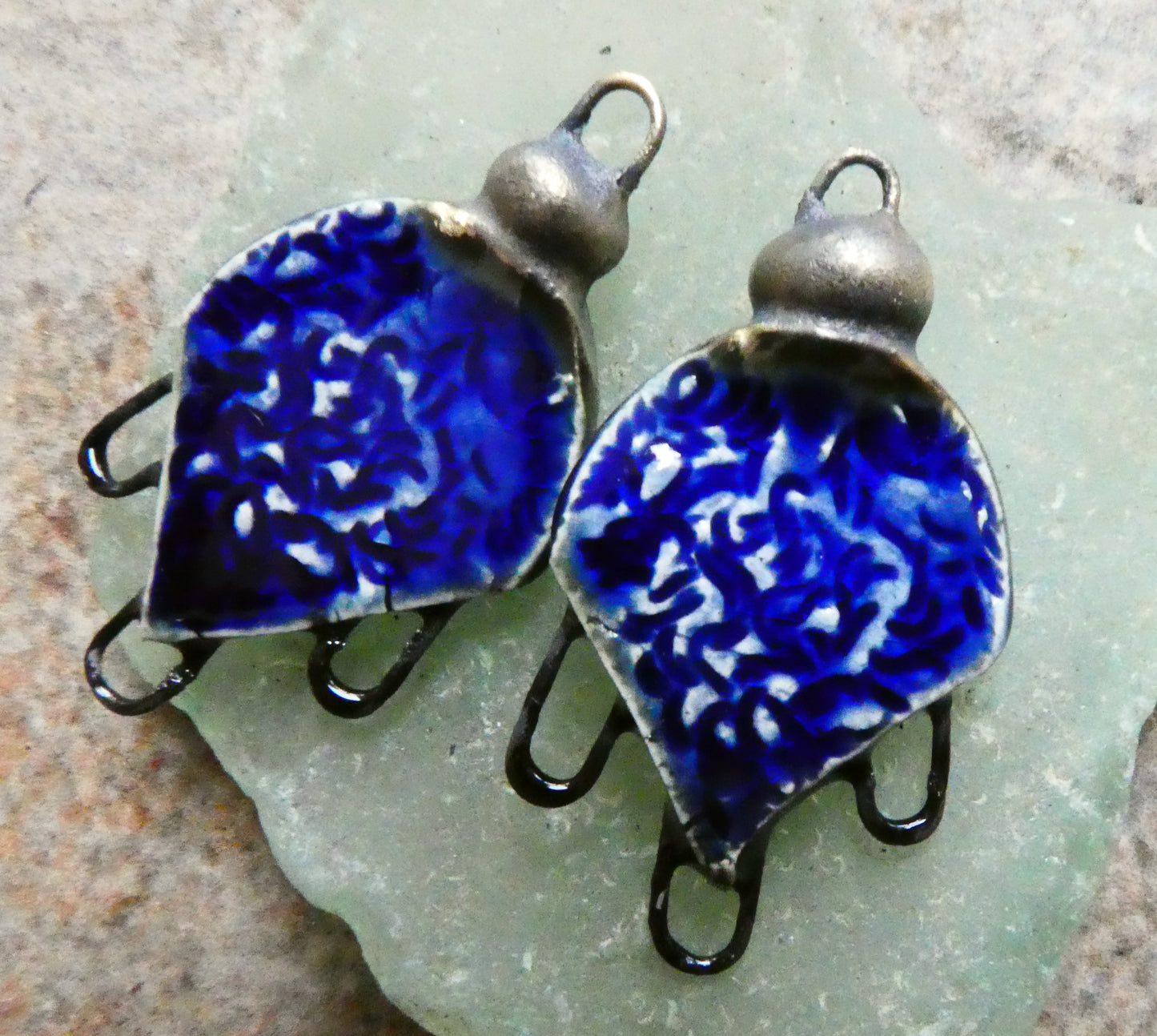 Ceramic Textured Earring Connectors - Mirror Blue