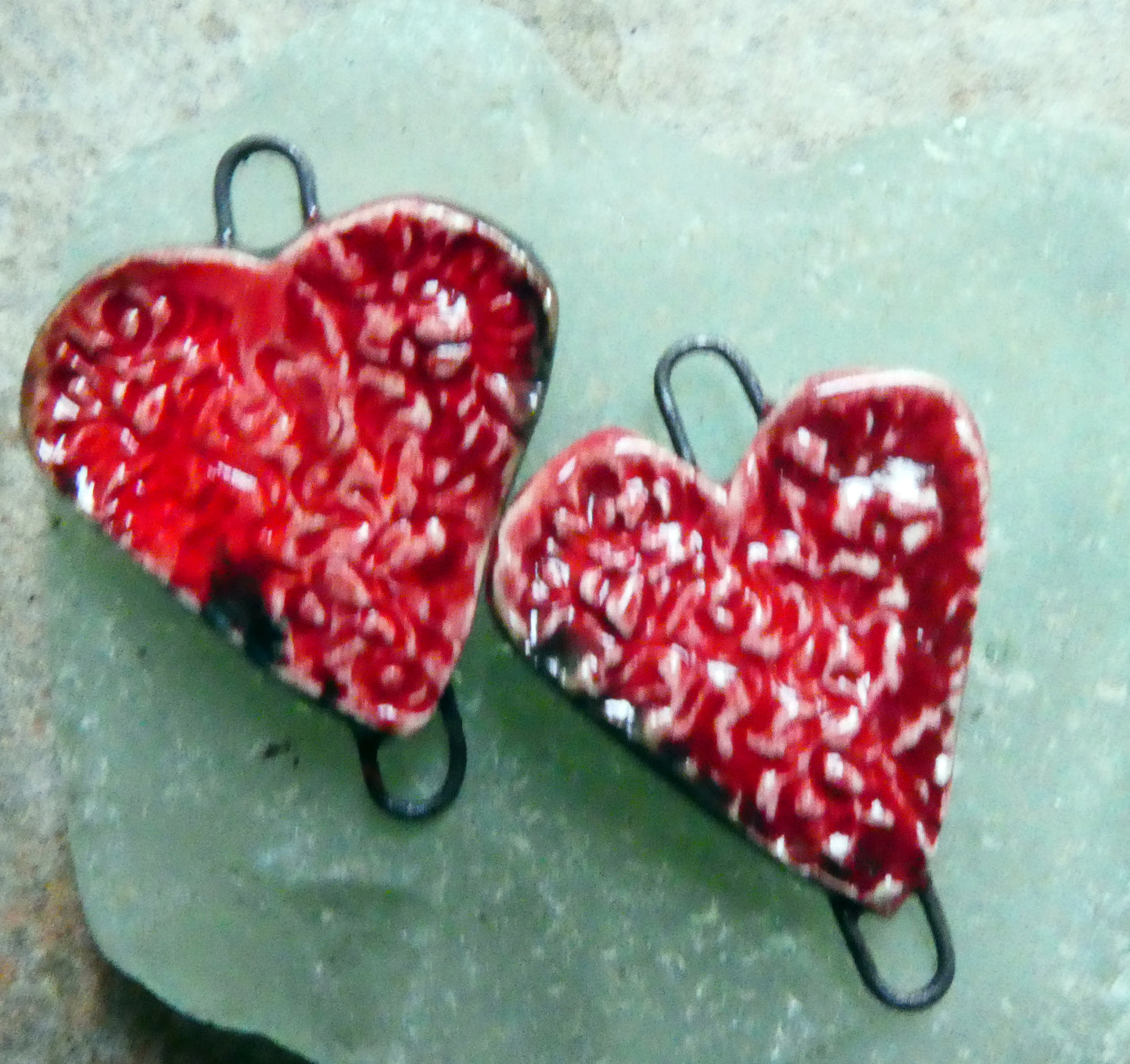 Ceramic Textured Heart Earring Connectors -Red
