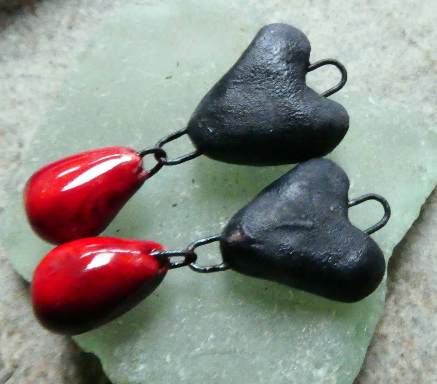 Ceramic Heart and Droplet Dangles - Matte Black and Red