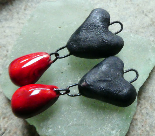 Ceramic Heart and Droplet Dangles - Matte Black and Red