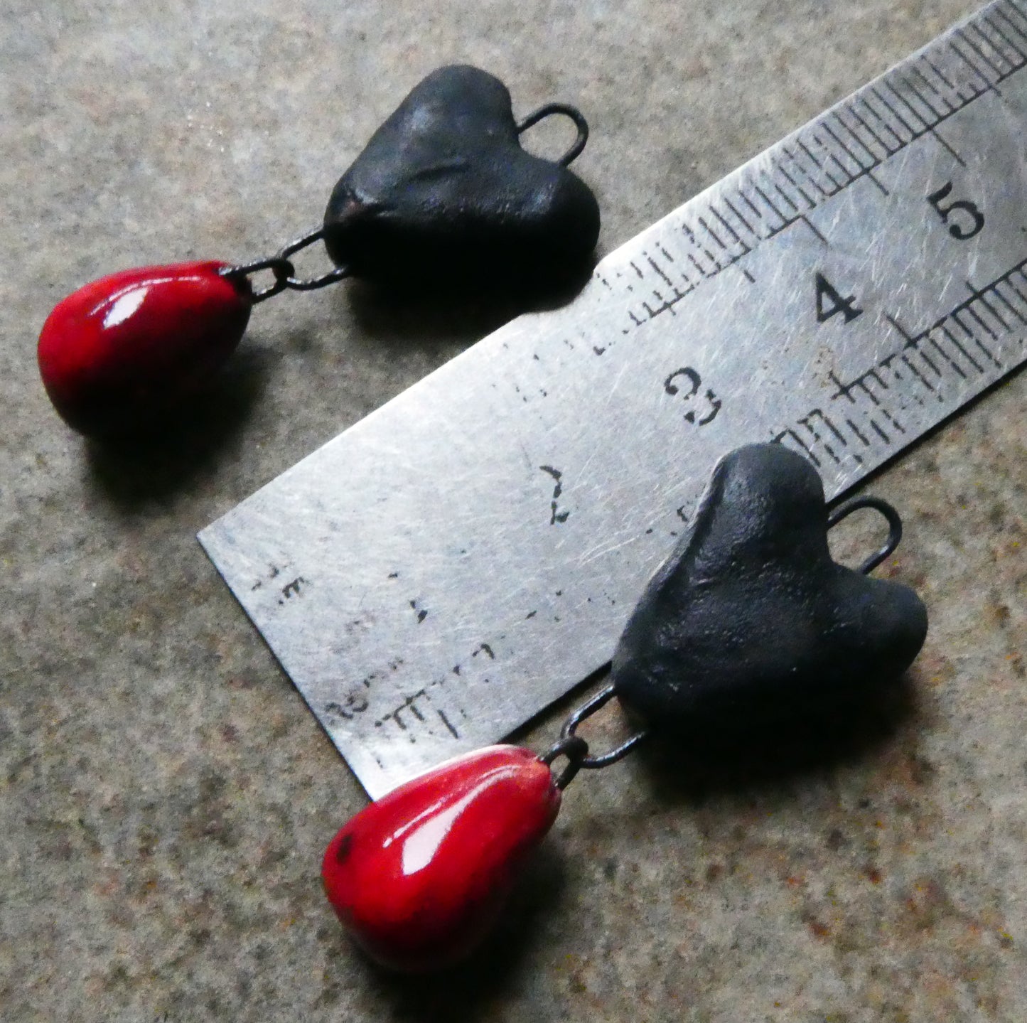 Ceramic Heart and Droplet Dangles - Matte Black and Red