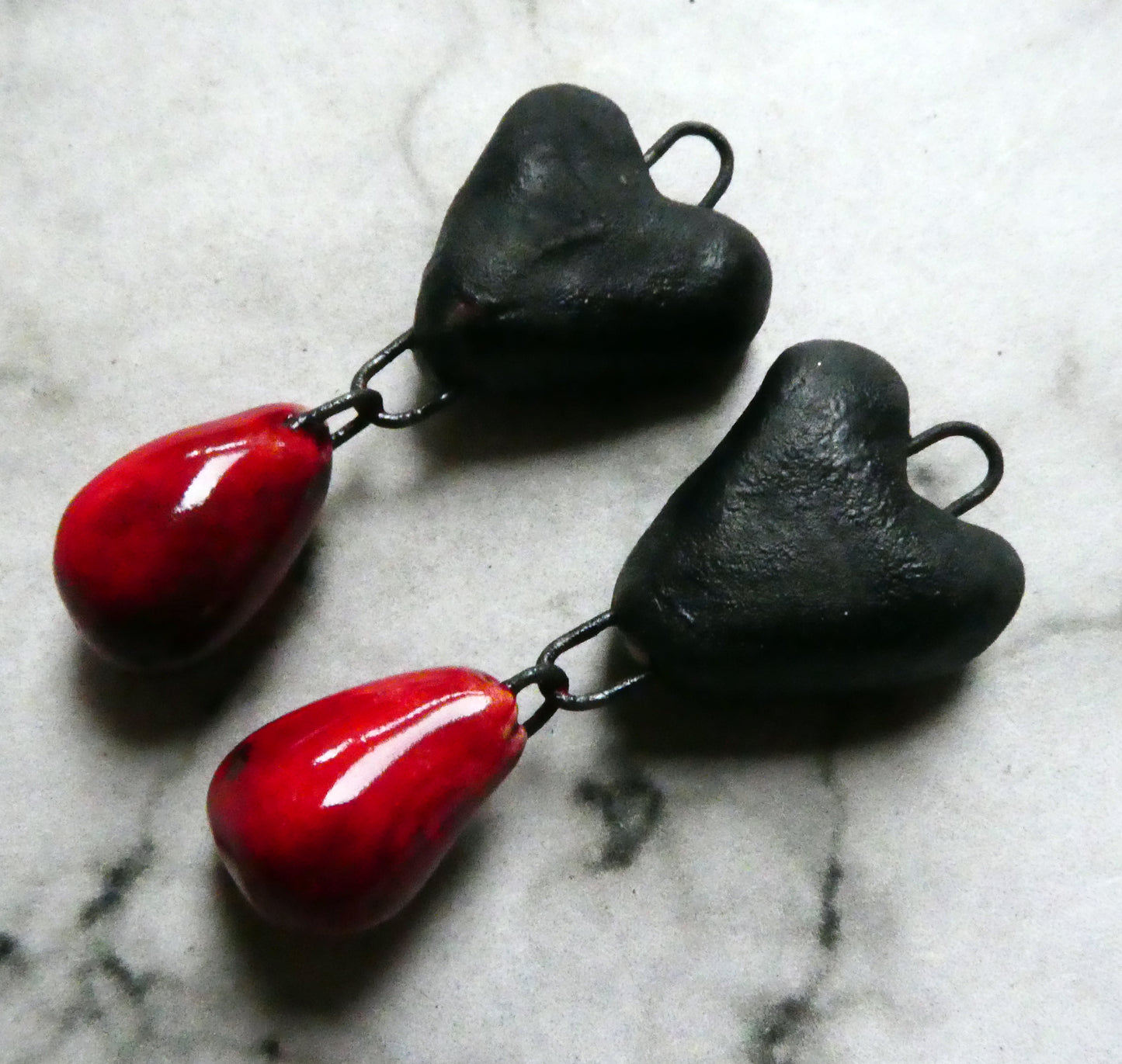 Ceramic Heart and Droplet Dangles - Matte Black and Red