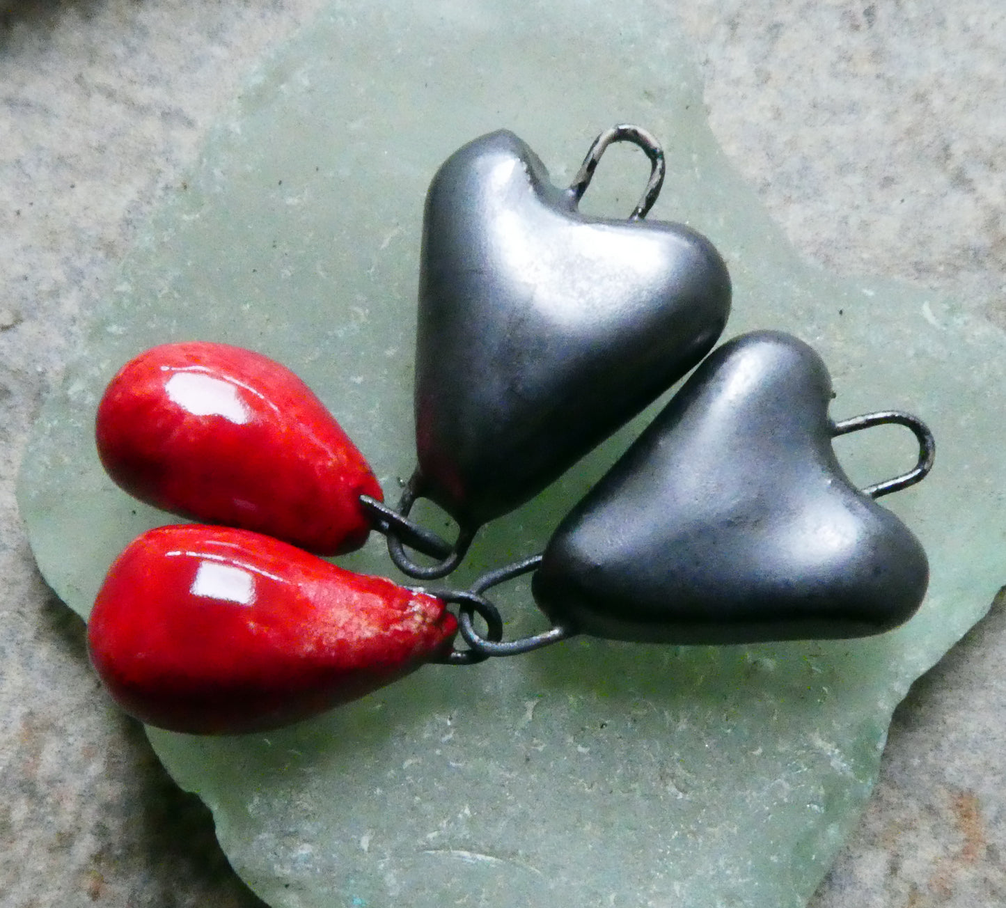 Ceramic Heart and Droplet Dangles - Pewter and Red