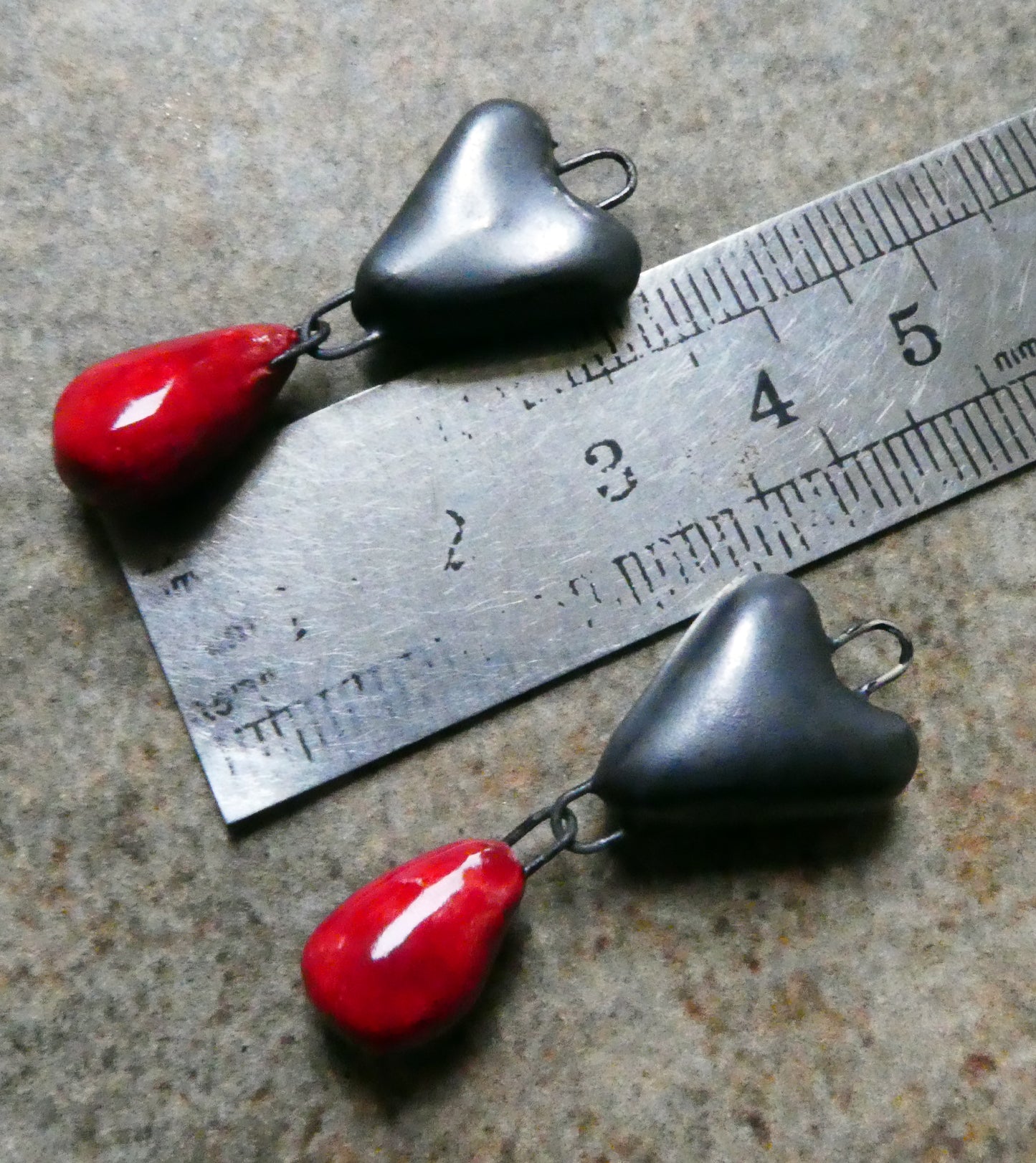 Ceramic Heart and Droplet Dangles - Pewter and Red