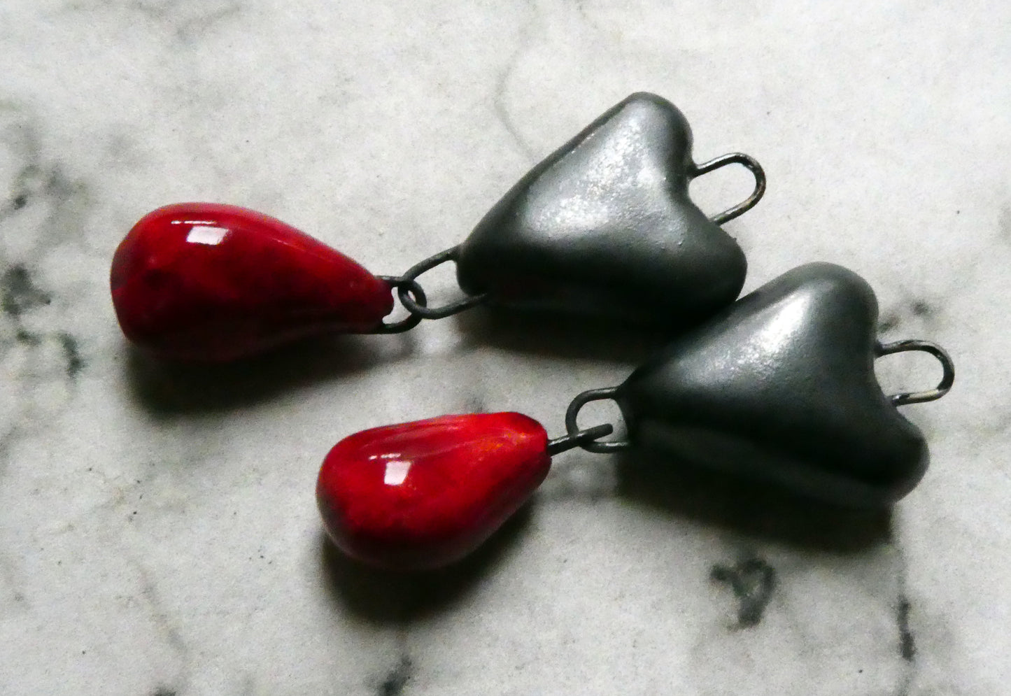 Ceramic Heart and Droplet Dangles - Pewter and Red