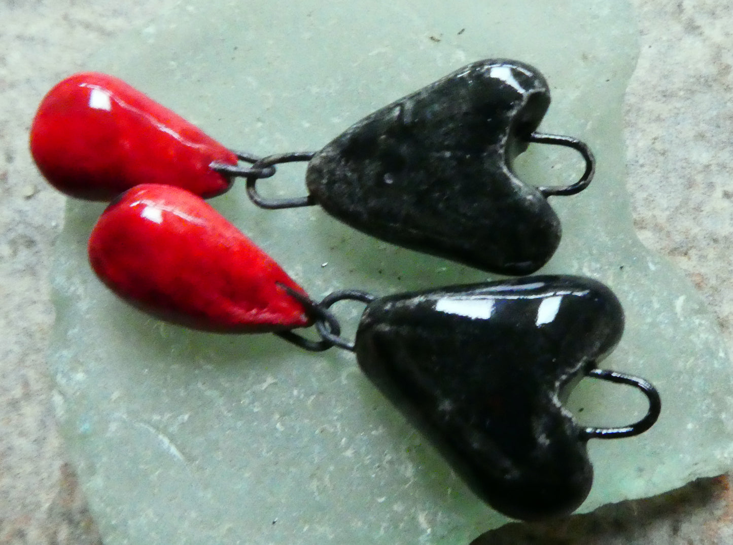 Ceramic Heart and Droplet Dangles - Black Gloss and Red