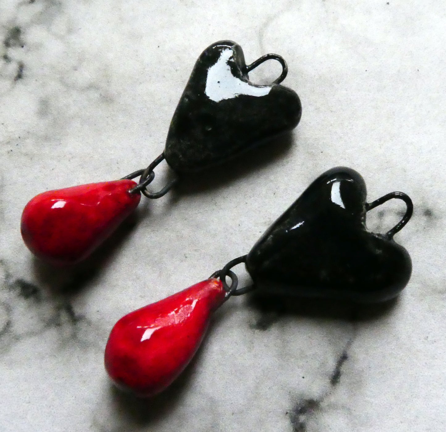 Ceramic Heart and Droplet Dangles - Black Gloss and Red