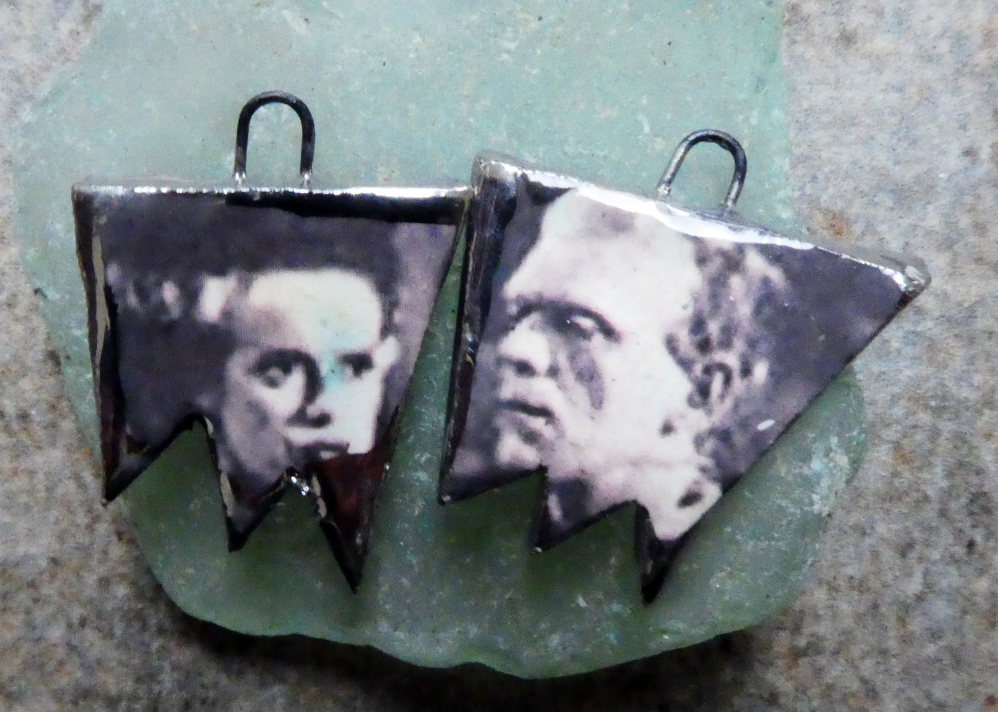 Ceramic Horror Decal Earring Charms - Frankensteins Monstor and Bride #2