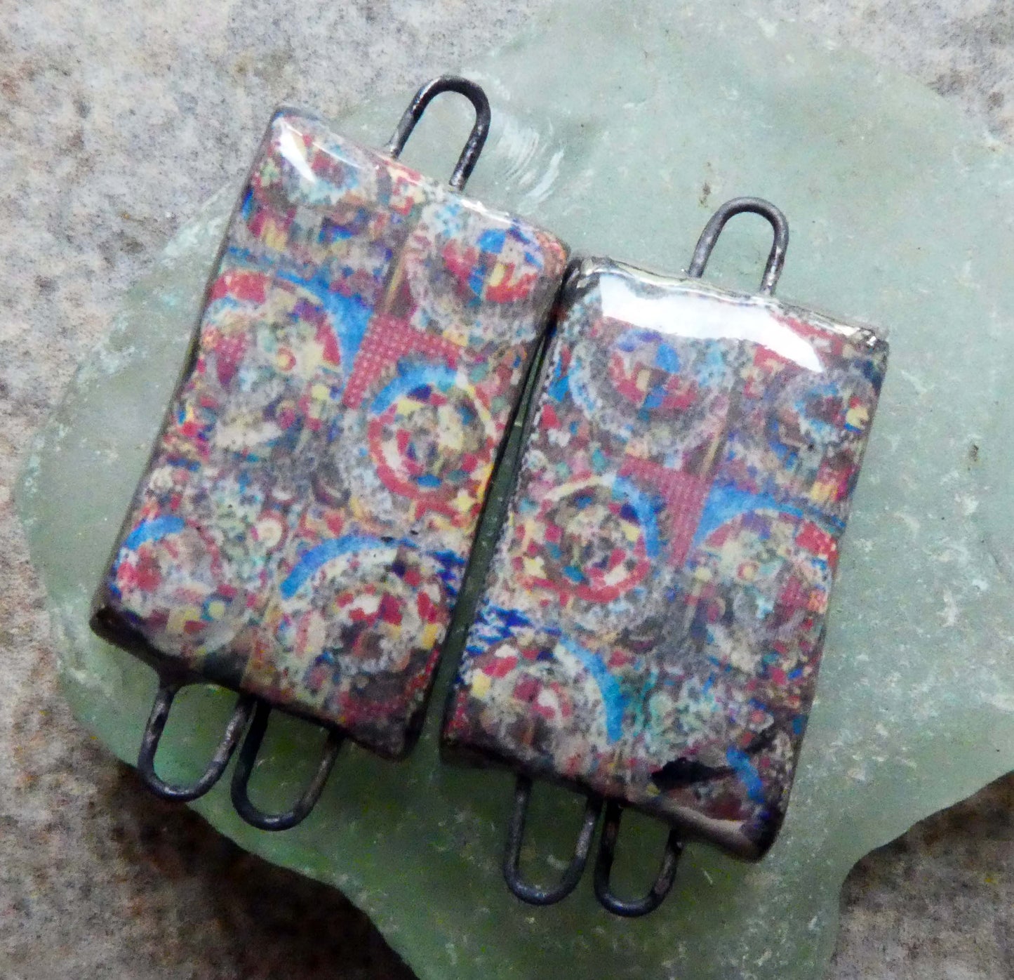 Ceramic Patchwork Tablet Earring Connectors #3