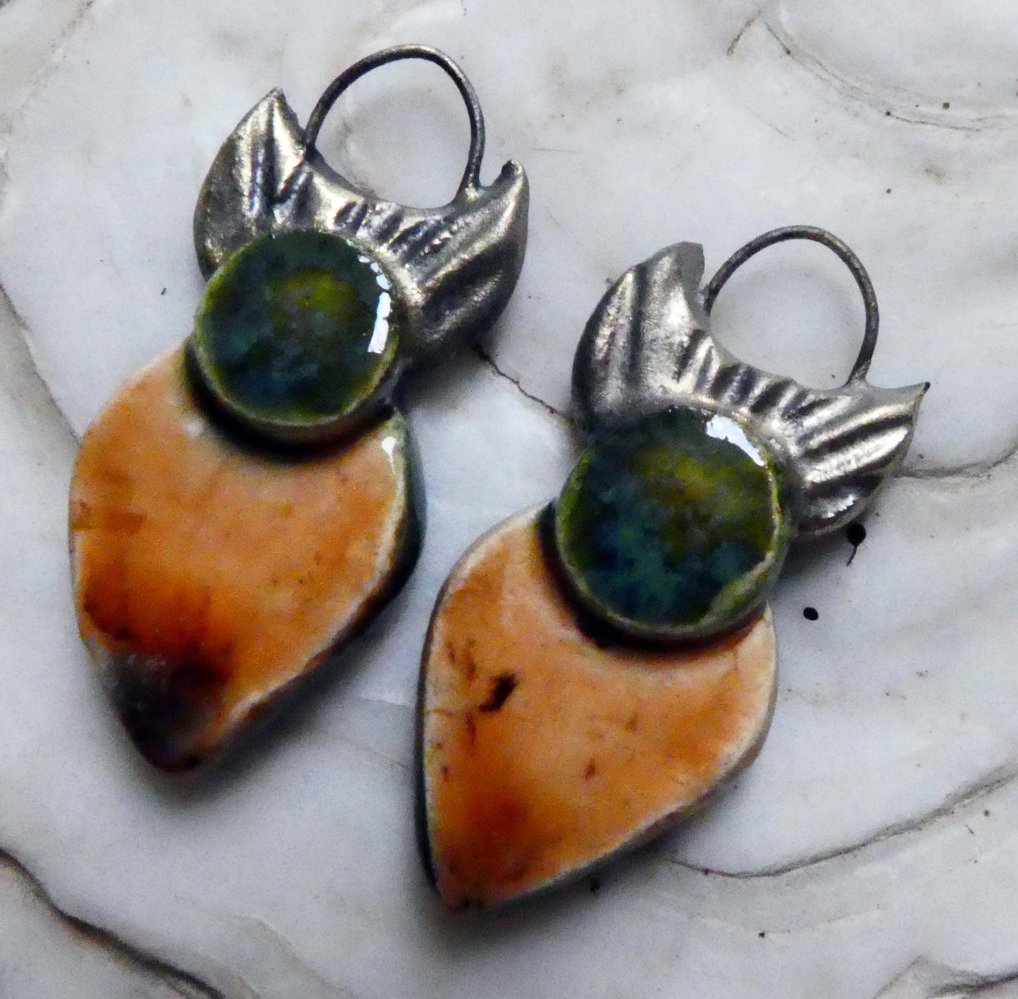 Ceramic Dual Glaze Crowned Earring Charms - Dark Jade and Oriental Caramel