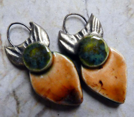 Ceramic Dual Glaze Crowned Earring Charms - Dark Jade and Oriental Caramel