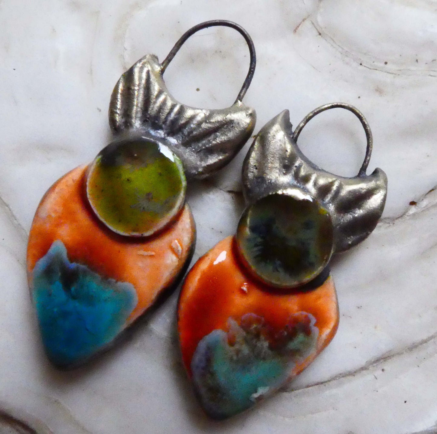 Ceramic Dual Glaze Crowned Earring Charms - Pagoda and Vermillion Sunburst- ASYMMETRIC