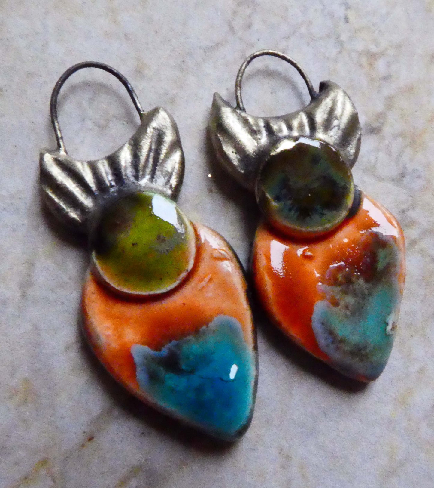 Ceramic Dual Glaze Crowned Earring Charms - Pagoda and Vermillion Sunburst- ASYMMETRIC