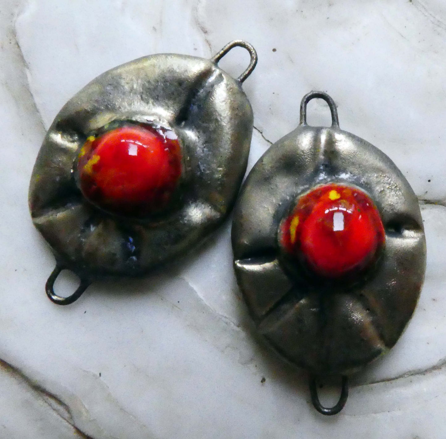 Ceramic Bobbly Bronzy Oval Earring Connectors - Firecracker
