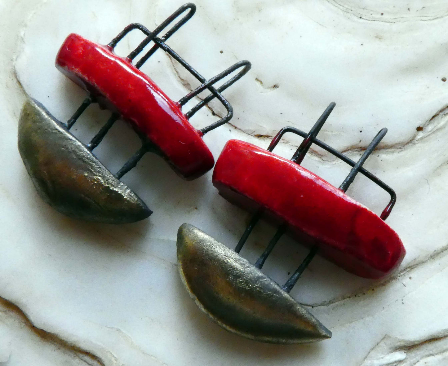 Ceramic Split Semi Circle Charms - Red