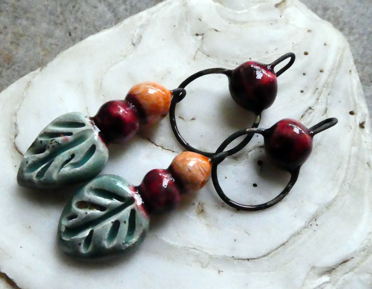 Ceramic Berries and Leaf Dangles - Mystic Jade