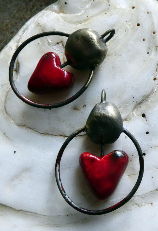 Ceramic Hoopy Heart and Bobble Connectors - Red