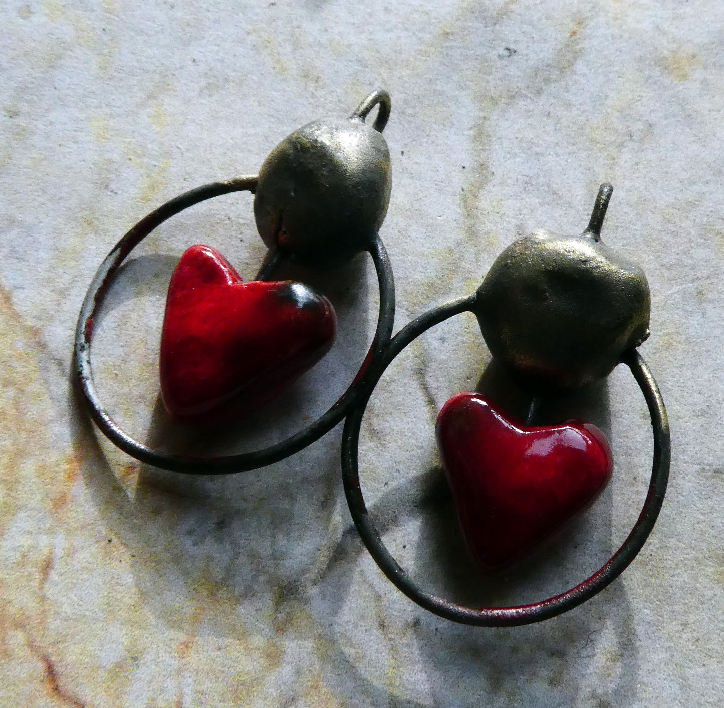 Ceramic Hoopy Heart and Bobble Connectors - Red