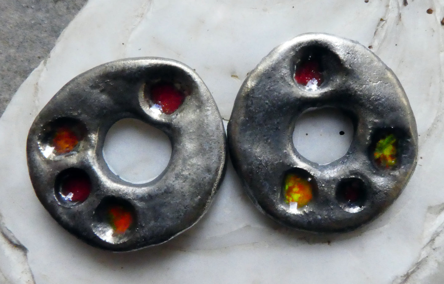 Ceramic Rustic Dimpled Disc Charms - Red Yellow