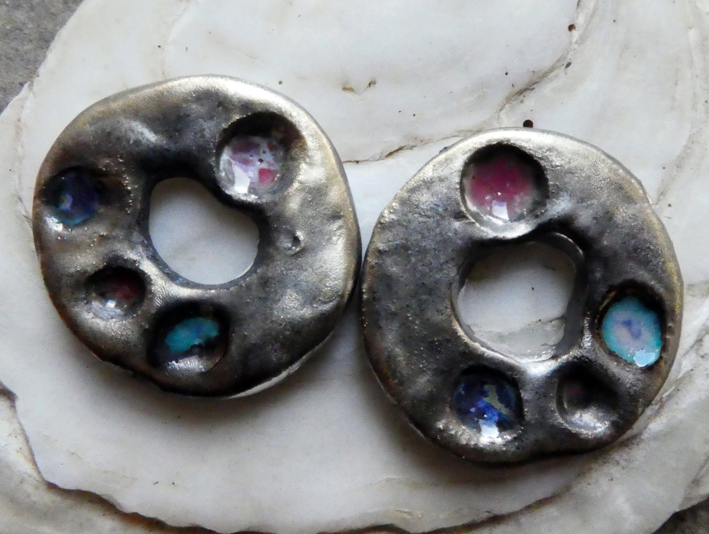 Ceramic Rustic Dimpled Disc Charms -Pink Purple