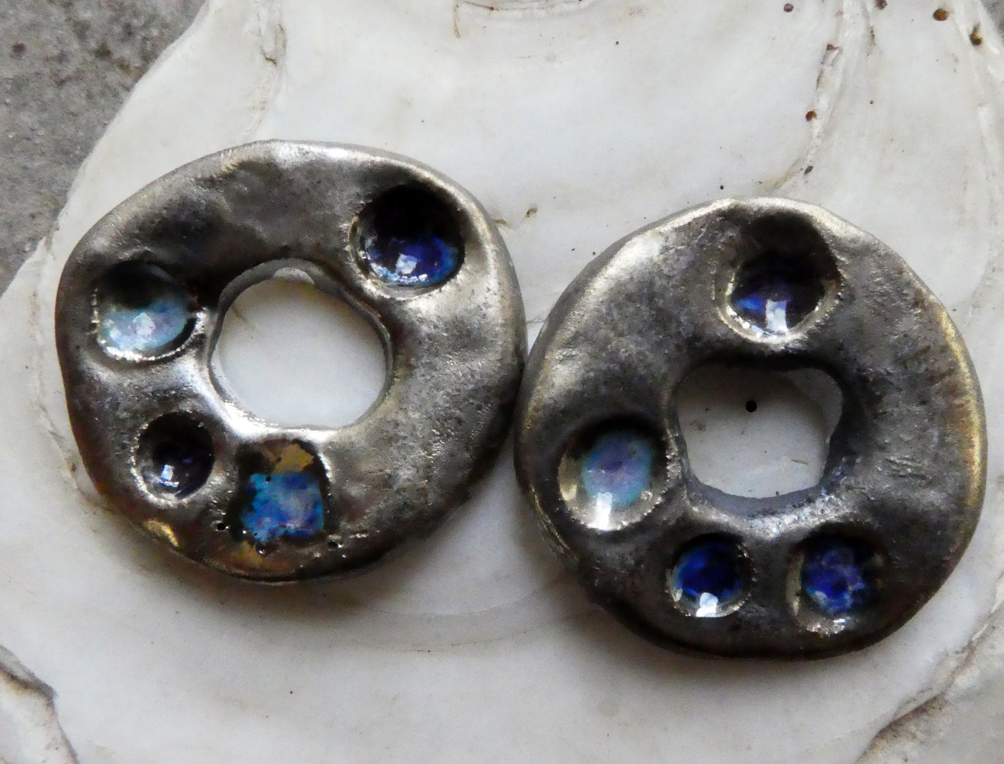 Ceramic Rustic Dimpled Disc Charms -Blues