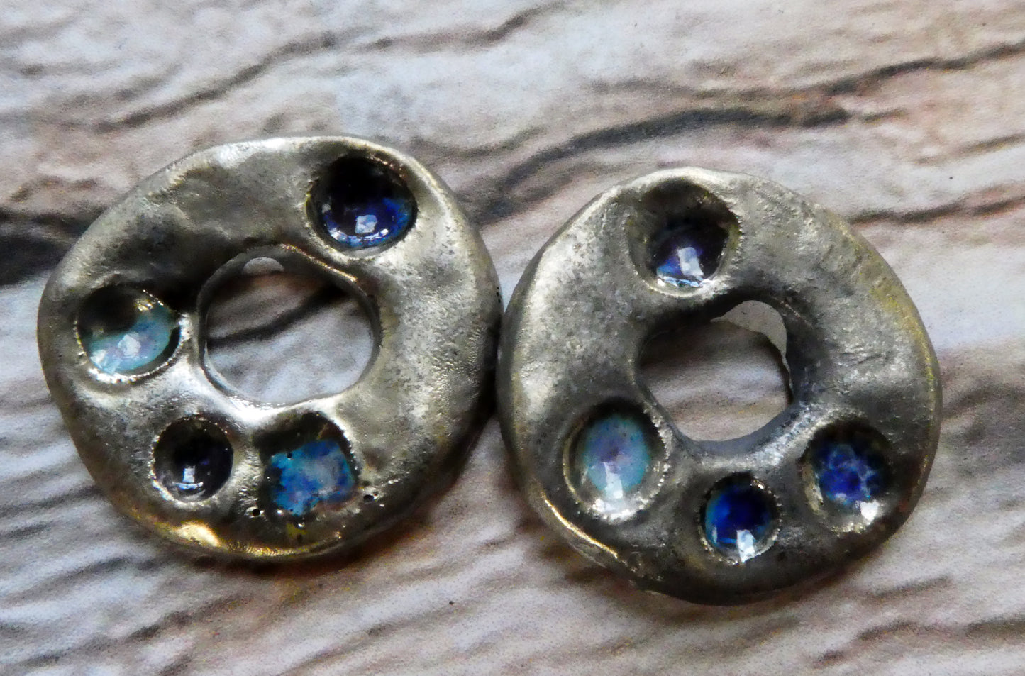 Ceramic Rustic Dimpled Disc Charms -Blues