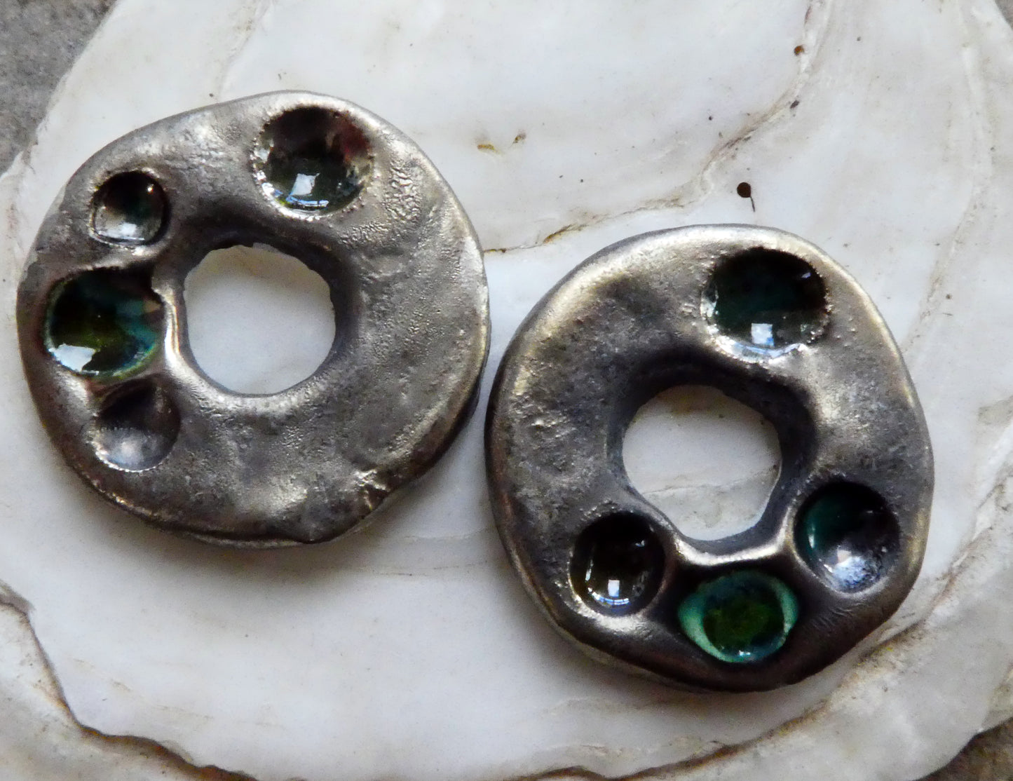 Ceramic Rustic Dimpled Disc Charms -Greens