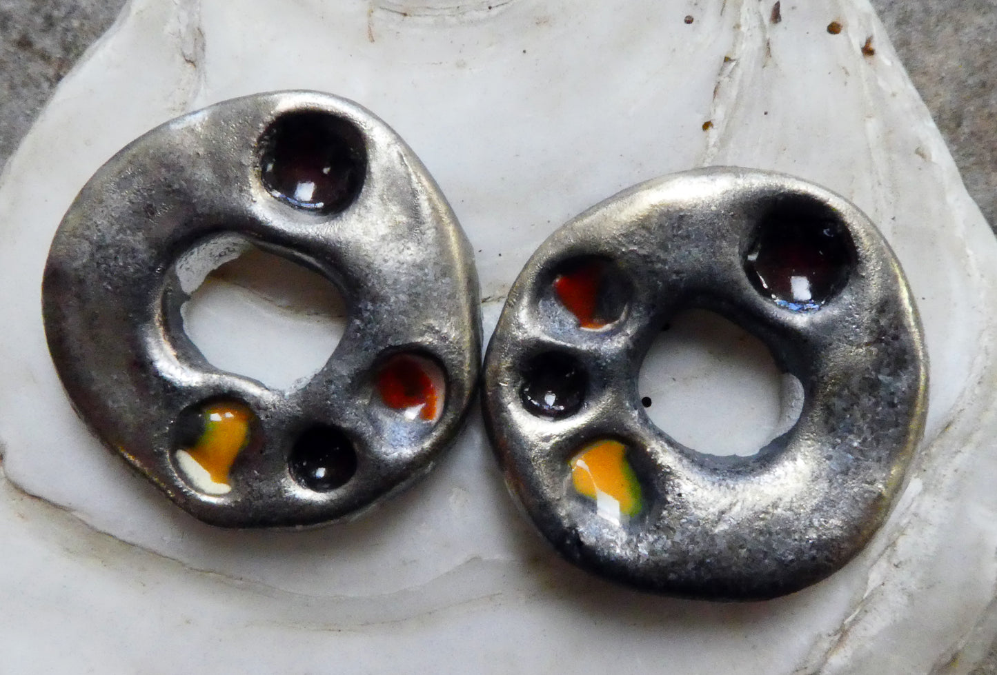 Ceramic Rustic Dimpled Disc Charms -Red Yellow #2