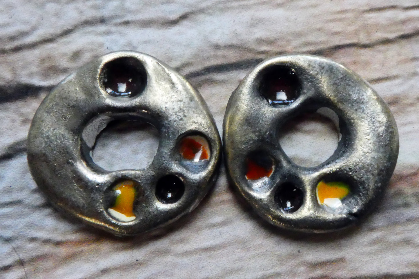 Ceramic Rustic Dimpled Disc Charms -Red Yellow #2
