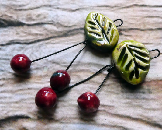 Ceramic Leaf and Cherry Dangles - Pagoda