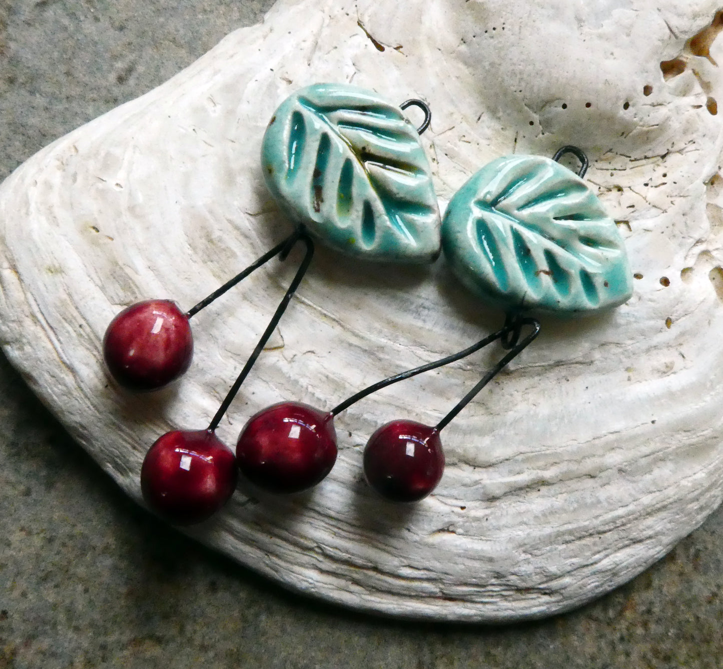 Ceramic Leaf and Cherry Dangles - Lotus Blossom
