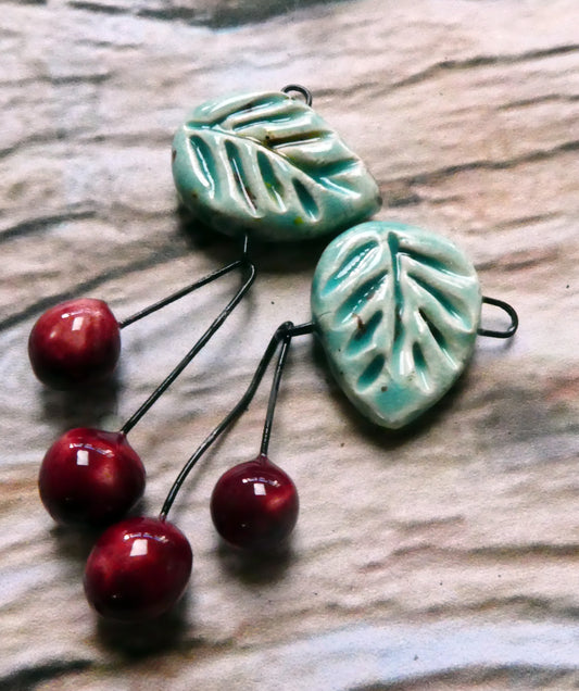 Ceramic Leaf and Cherry Dangles - Lotus Blossom