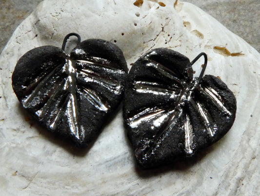 Ceramic Black and Platinum Heart Shaped Leaf Charms