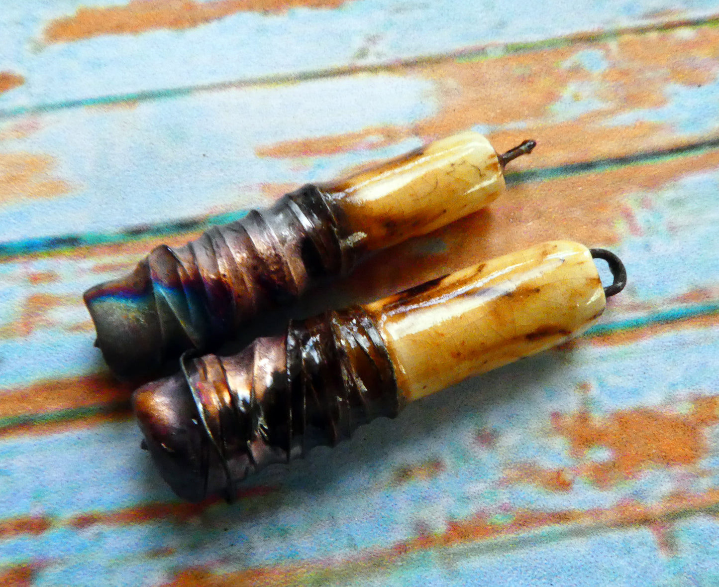 Ceramic Wire Wrapped Stick Charms -Spotted Walnut