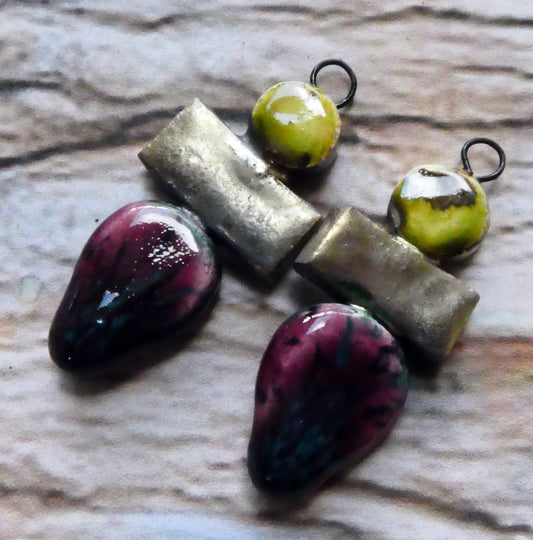 Ceramic Mixed Shape Stack Charms -Peppered Raspberry and Pagoda