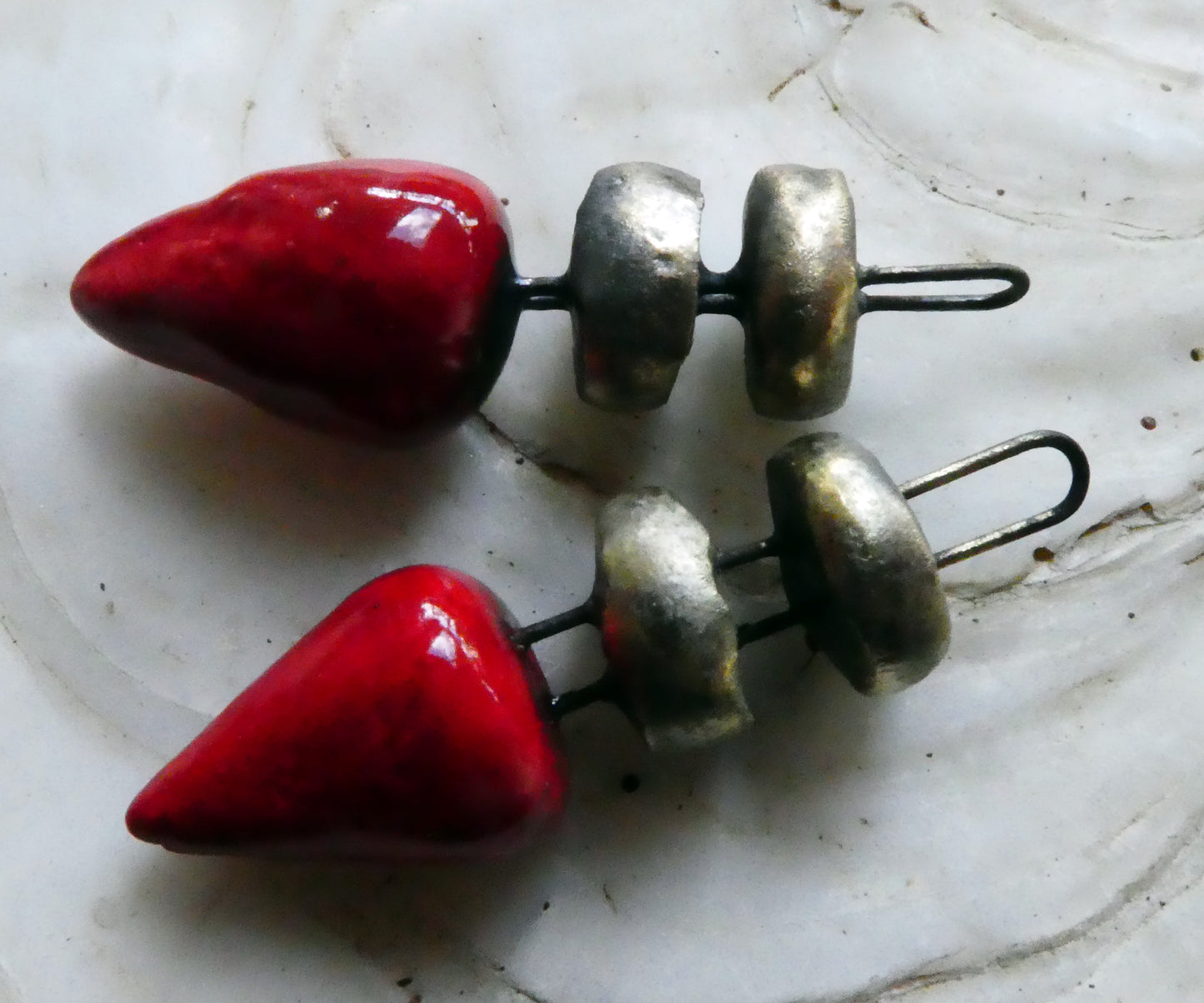 Ceramic Disc and Spikelet Charms -Red