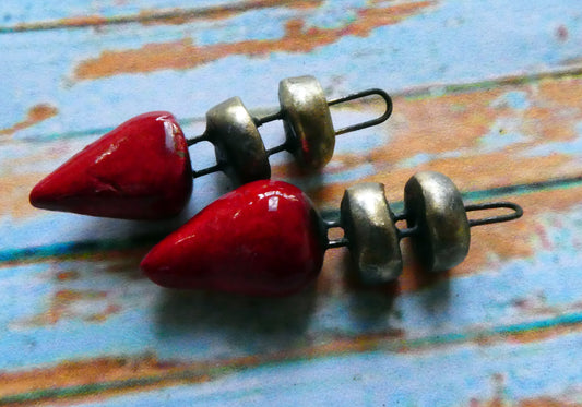 Ceramic Disc and Spikelet Charms -Red