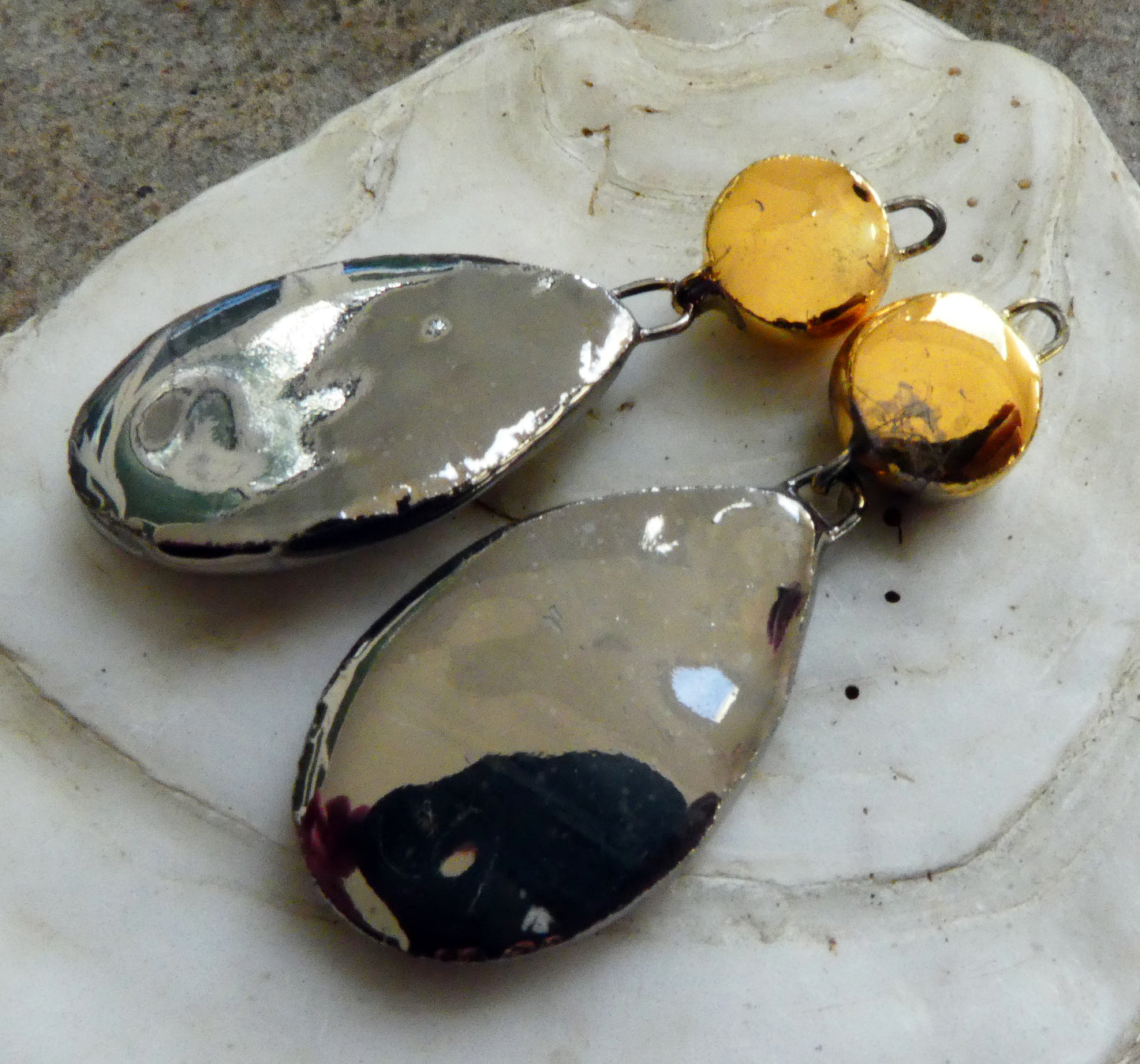Ceramic Slim Teardrop Dangles -Platinum and Gold