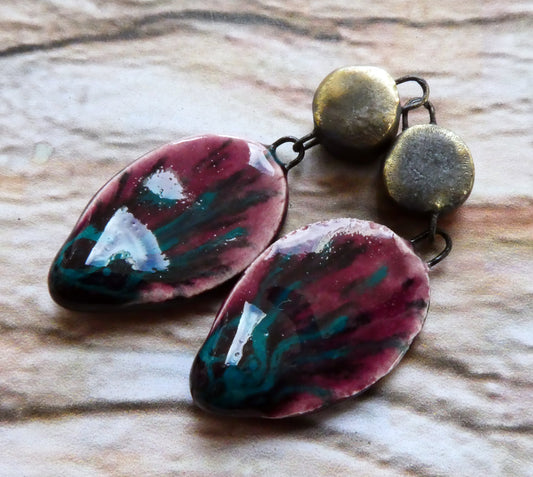 Ceramic Slim Leaf Dangles -Peppered Raspberry